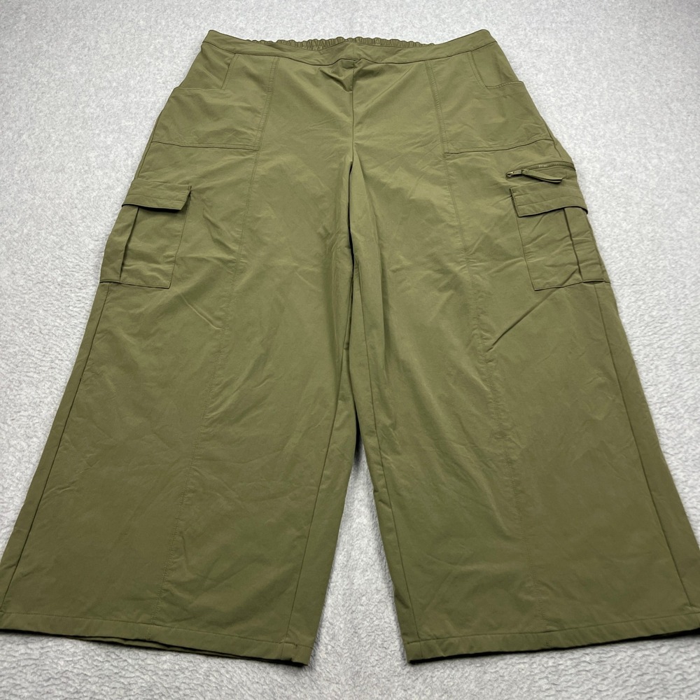 POPFLEX Y2K Cargo Pants Womens 2X Green Olive Wide Leg Drape Pull On Stretch